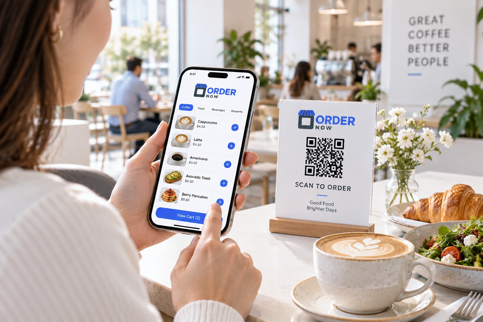 Cafe customer using QR ordering
