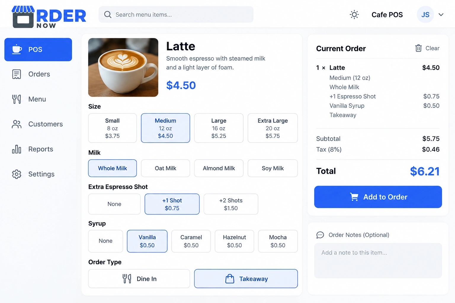 Coffee modifiers in cafe POS