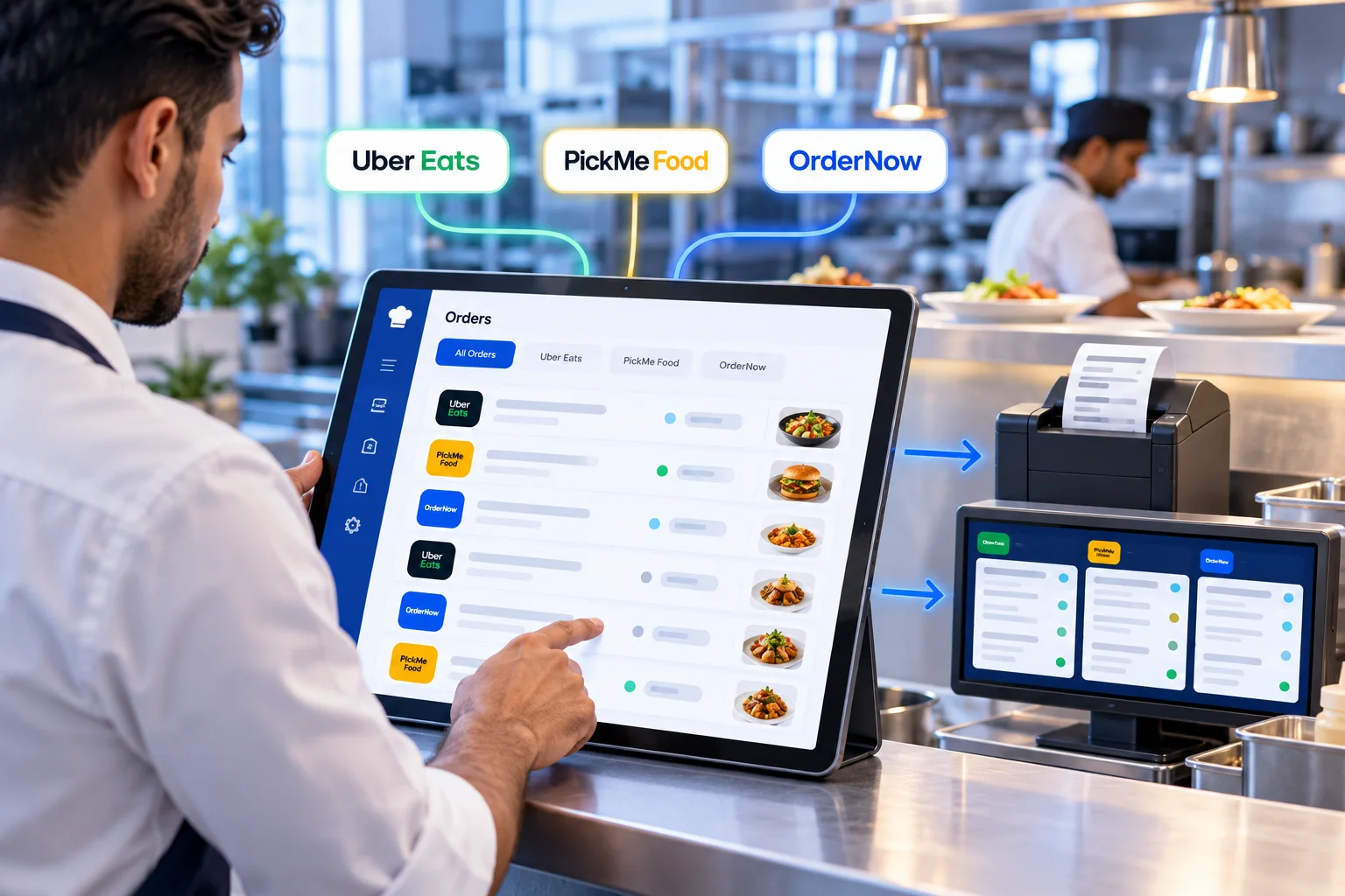 Illustration of Uber Eats, PickMe Food and OrderNow orders flowing into one restaurant dashboard, KOT printer and kitchen display