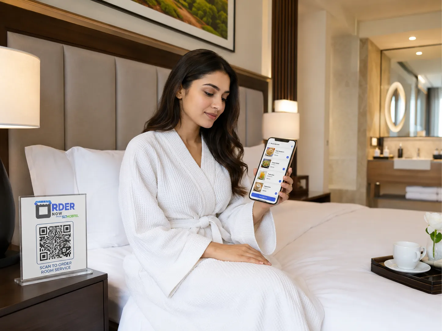 Sri Lankan hotel guest scanning an OrderNow QR code for room service ordering