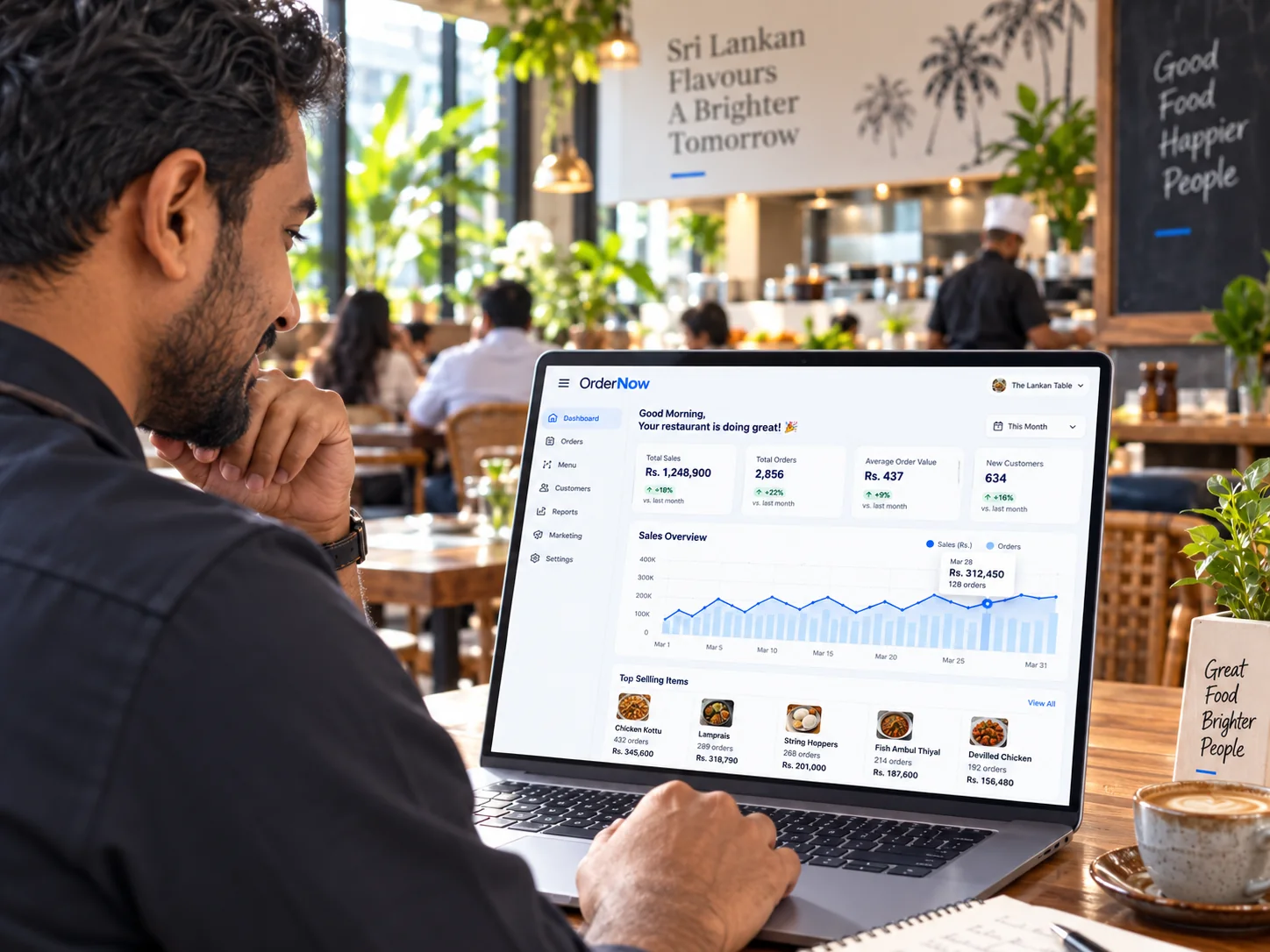 Restaurant manager reviewing OrderNow analytics