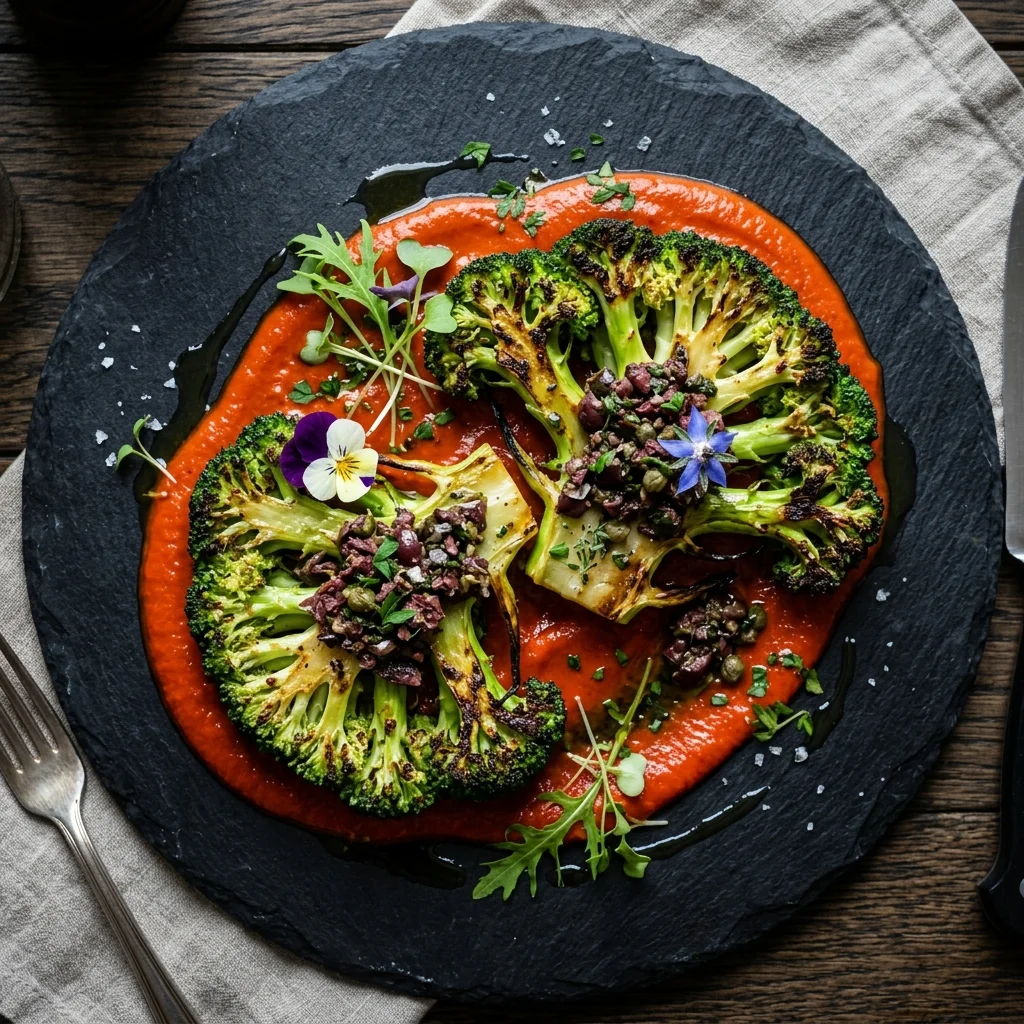 Roasted Broccoli Steaks with Tomato Butter and Tapenade at Earthbound Residence