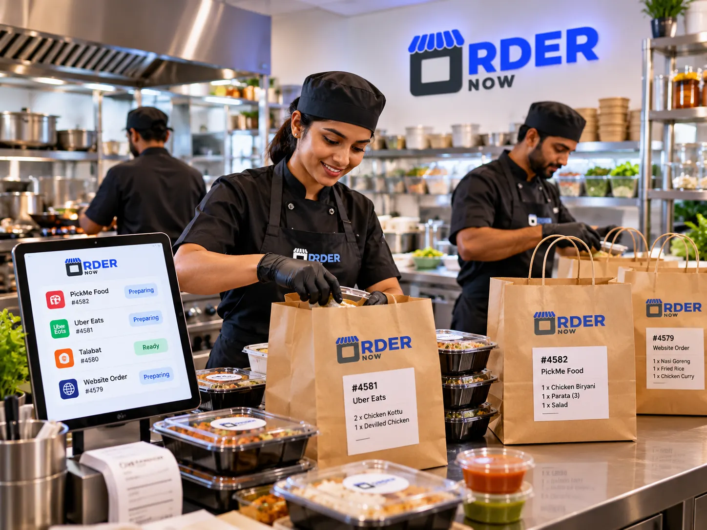 Cloud kitchen employees packing food delivery orders at an organized preparation counter