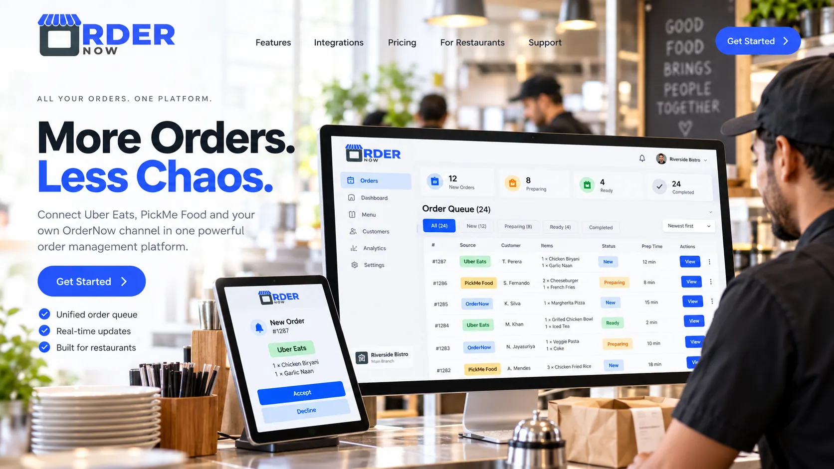 Illustration of a restaurant worker using one OrderNow order management screen for food delivery channels