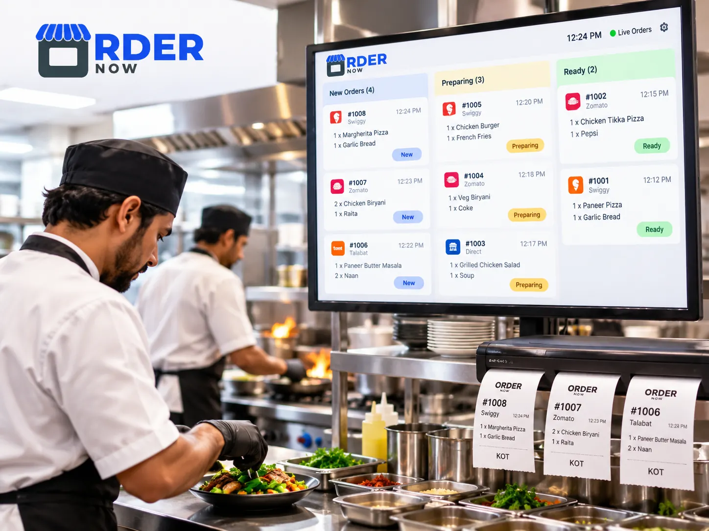Restaurant chef preparing an order beside a kitchen display system and printed kitchen tickets