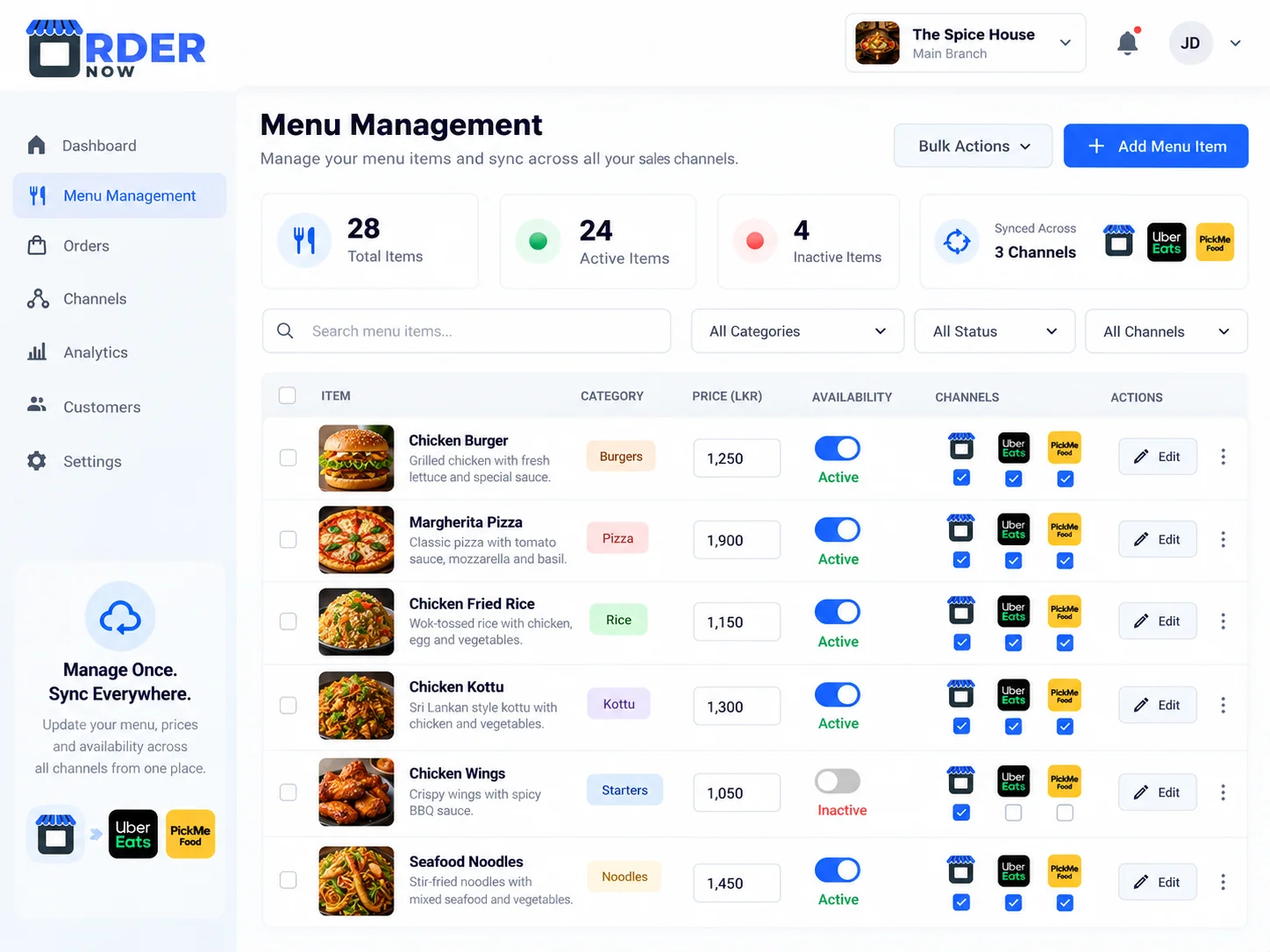 Illustrative OrderNow menu management screen with food items, prices, availability and delivery channels