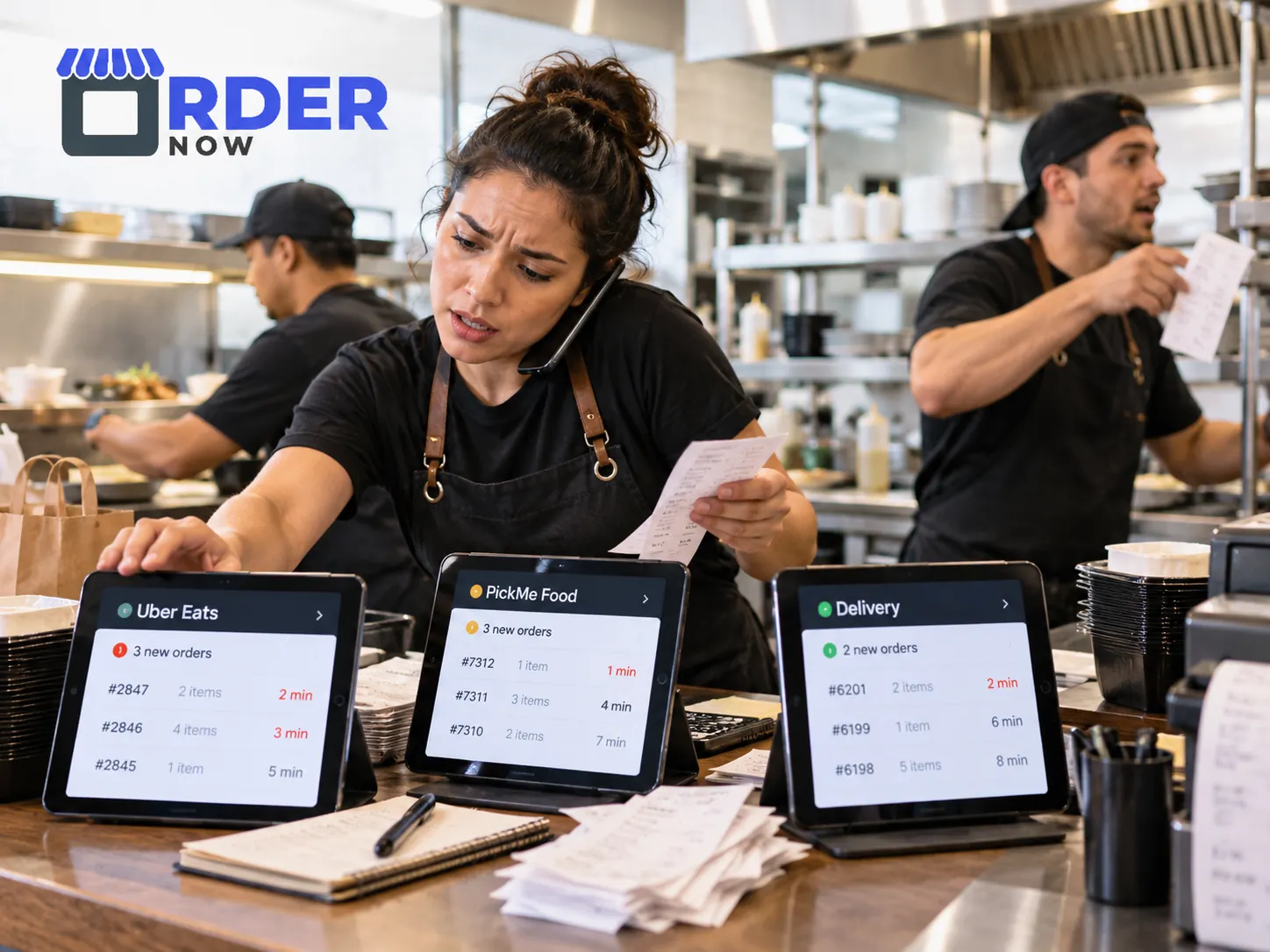 Restaurant staff handling multiple food delivery tablets and paper tickets at a busy counter