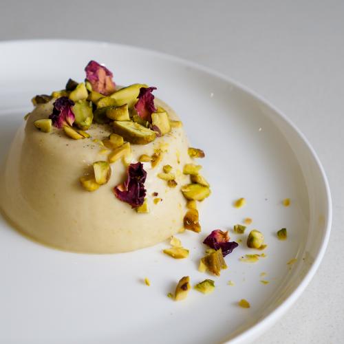 Rose Panna Cotta with Pistachio Crumble at Burning Bird